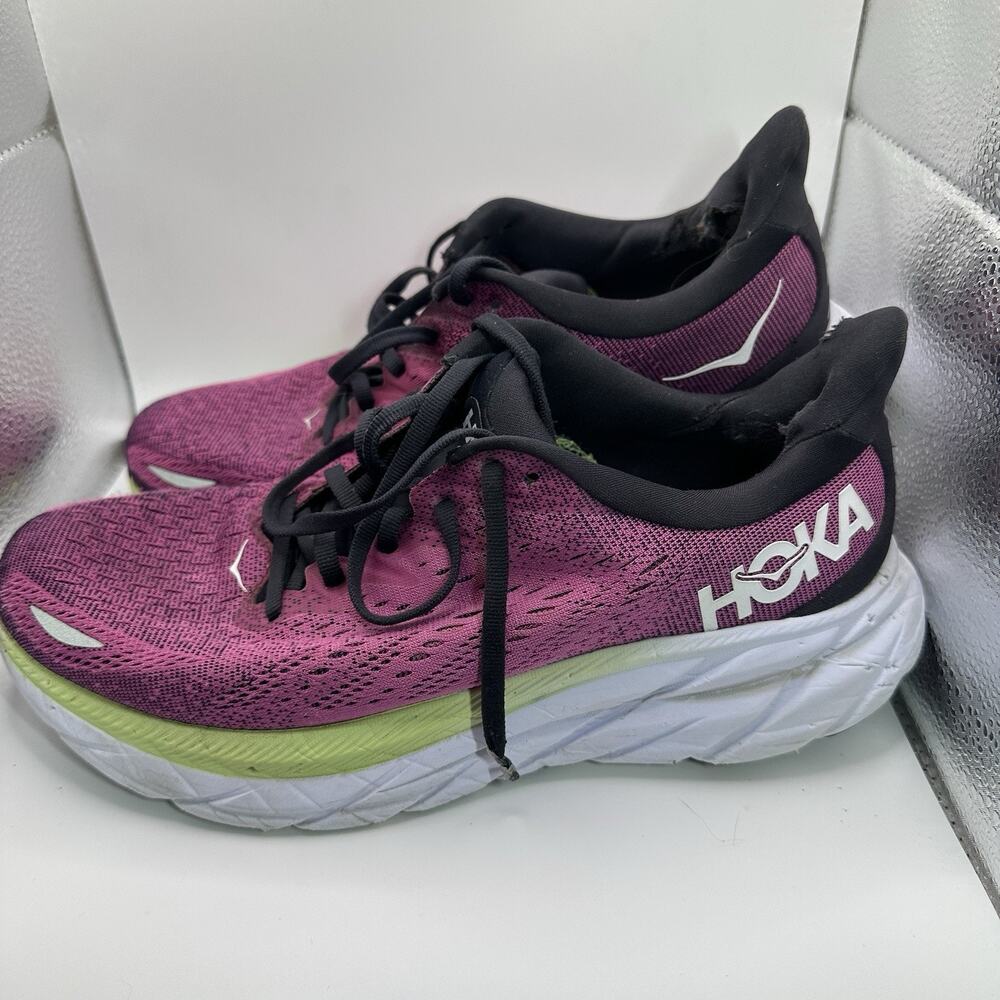 HOKA Clifton 8 Women’s 8B Purple Black Running Shoes Damaged Heel